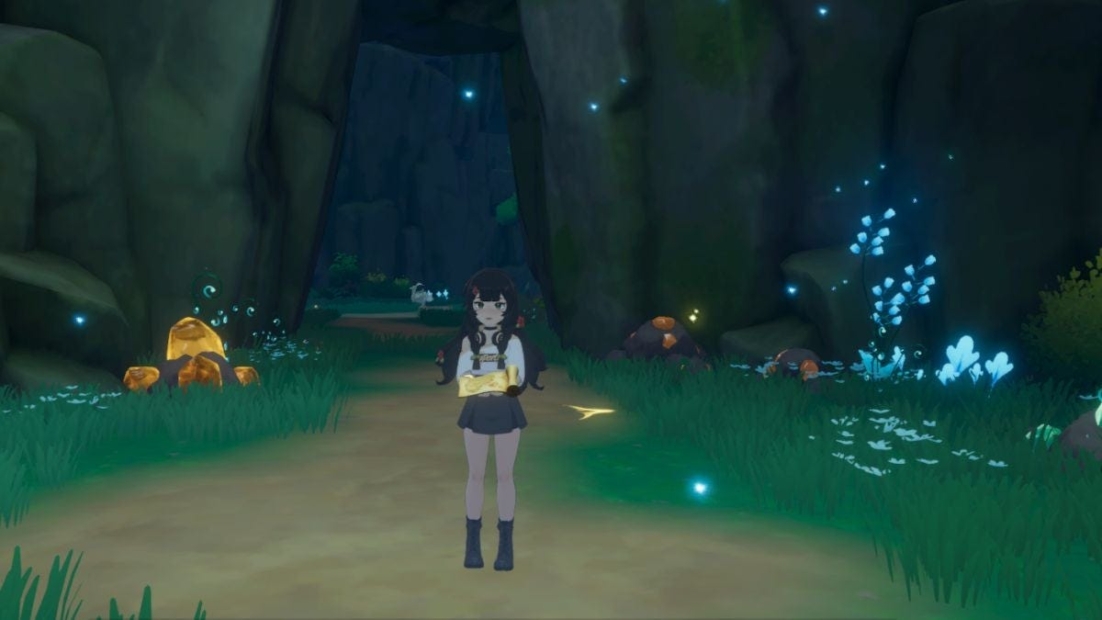 Character stands on a path inside a cave with glowing mushrooms and plants on the sides