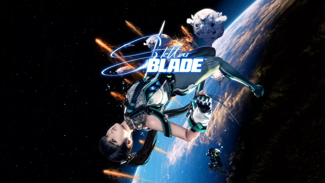 Futuristische gepanzerte Figur, die mit dem leuchtenden „Stellar Blade“-Logo im Weltraum über der Erde schwebt.