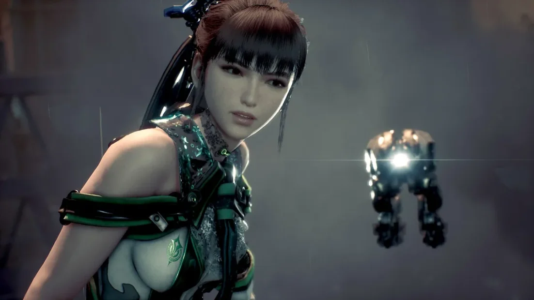 Character from Stellar Blade with dark hair and futuristic armor, looking intently while a small hovering robot emits light nearby