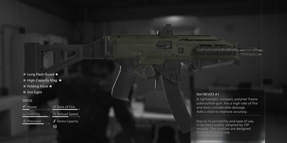 Side view of a compact assault rifle with folding stock and dot sight against a dark background, accompanied by text with technical specifications.
