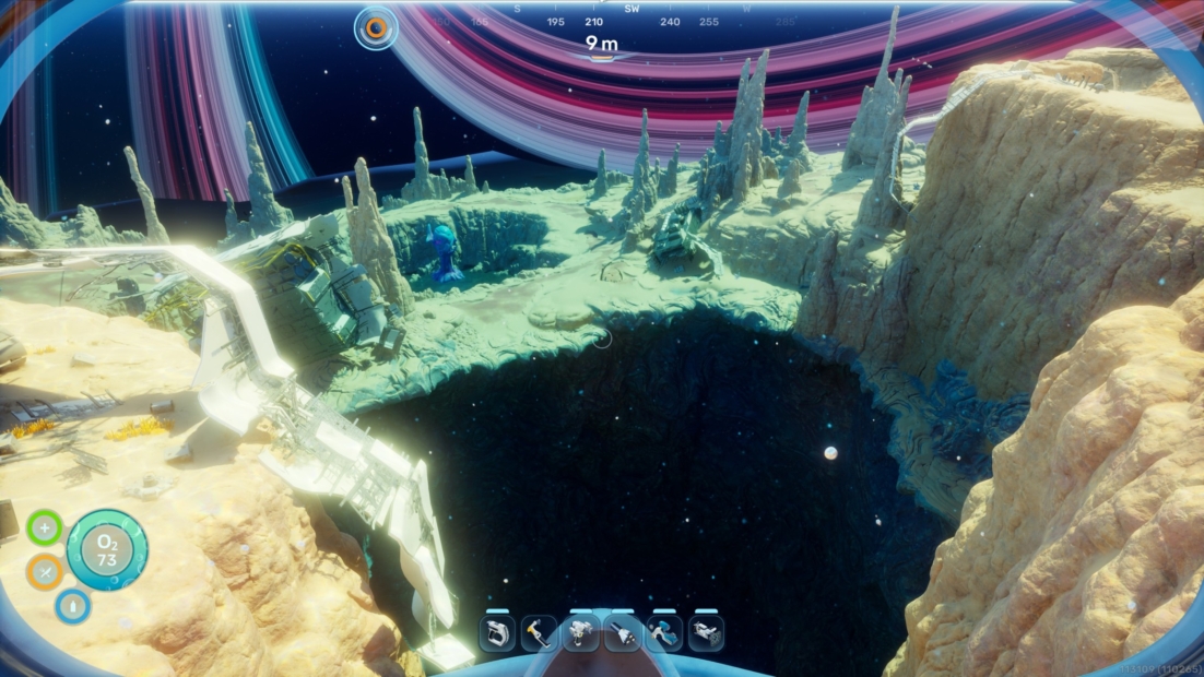 Subnautica 2 mods: Underwater landscape with rocks, plants, and a deep dark crater in the center