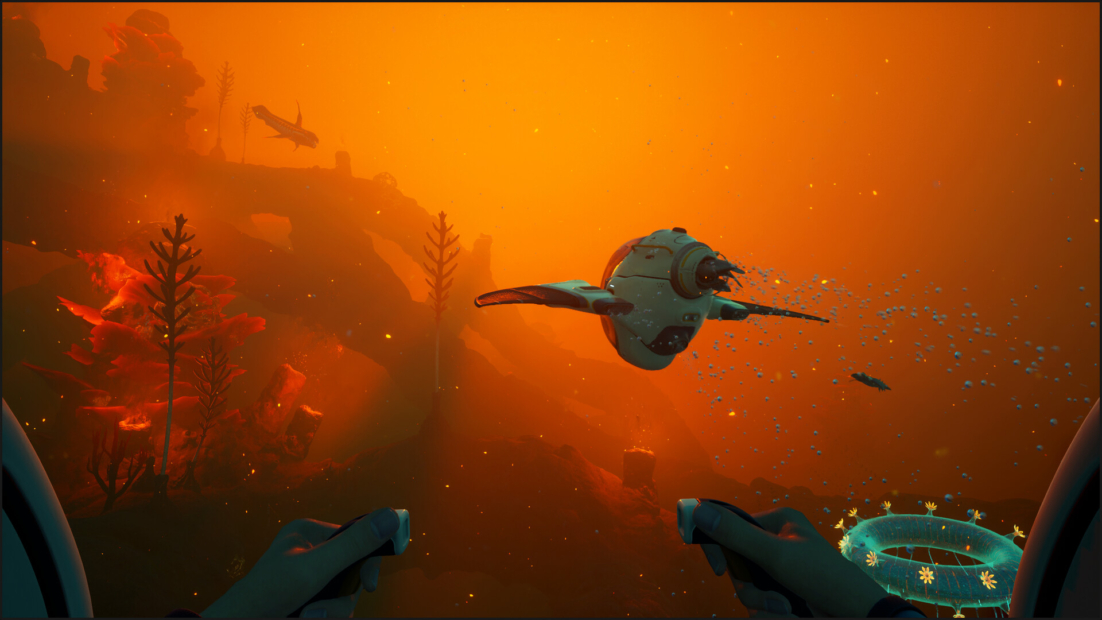 Underwater scene with a futuristic vehicle and plants in orange water