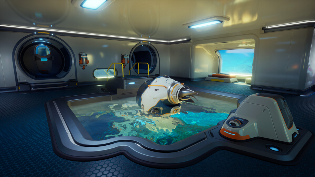 Interior room with a water pool containing a round technical device with a drill head, two round windows, and a rectangular window showing water outside