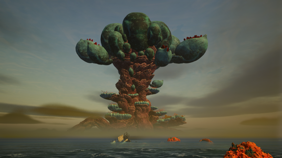 Großer, fantasievoller Baum mit dickem, knorrigem Stamm und kugeligen, moosartigen Wipfeln, der aus dem Wasser ragt