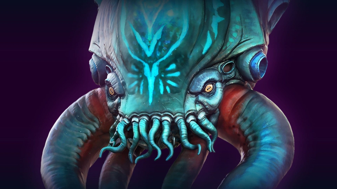Subnautica 2 Leviathane: Nahaufnahme eines großen, fiktiven Meereswesens mit Tentakeln und leuchtenden Mustern auf dem Kopf