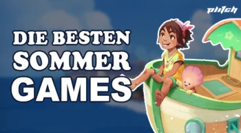 Illustration einer sitzenden Person mit kurzen Haaren und Blume im Haar neben einem großen Getränkebecher mit Schirmchen vor blauem Himmel und dem Text 'DIE BESTEN SOMMER GAMES'