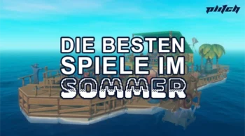 Text 'Die besten Spiele im Sommer' vor einer virtuellen Insel mit Palmen und einem kleinen Haus im Meer