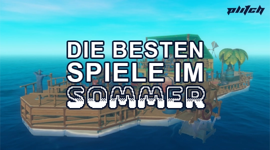 Text 'Die besten Spiele im Sommer' vor einer virtuellen Insel mit Palmen und einem kleinen Haus im Meer