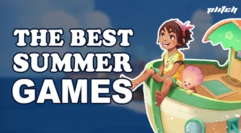 Illustration of a person with short hair and a flower in their hair sitting next to a large drink cup with an umbrella against a blue sky with the text 'THE BEST SUMMER GAMES'