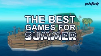 Wooden floating platform with a small hut and palm trees on a blue ocean background, text 'THE BEST GAMES FOR SUMMER' in bold white letters