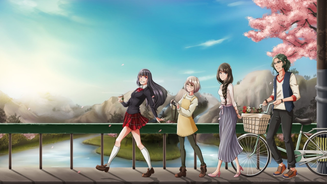 Four characters from the game SunnySide are standing on a bridge with a river and mountains in the background under a blue sky, with cherry blossoms on the right side. One girl in a school uniform holds a drink, another in an apron holds a camera, and a third in a long skirt stands next to a man with glasses holding a bicycle with flowers in the basket.
