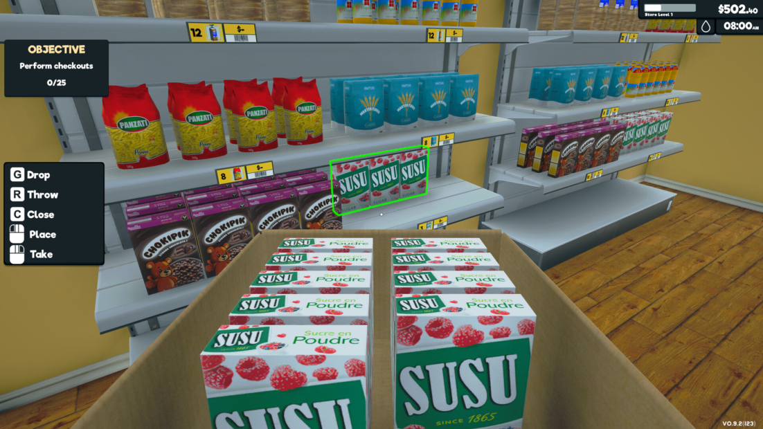 Supermarket shelves with various packaged food products and a box of SUSU Poudre products in the foreground.
