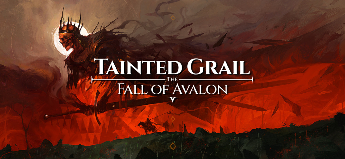 Dark fantasy scene with a menacing armored figure holding a sword against a fiery red sky, titled 'Tainted Grail The Fall of Avalon'