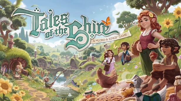 Fantasy-Dorfszene mit Hobbit-ähnlichen Figuren in der Nähe eines Flusses, mit dem Titel „Tales of the Shire: A Lord of the Rings Game"