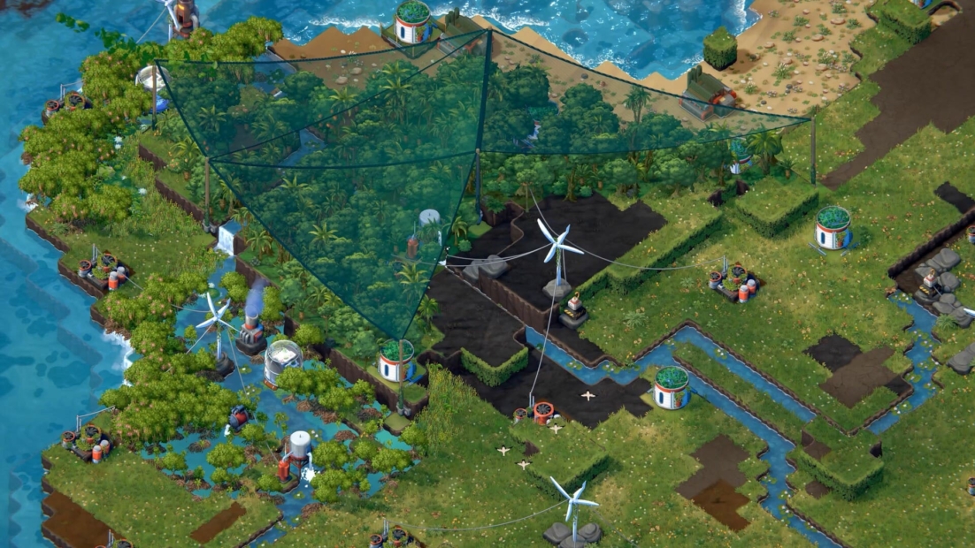 A landscape from the game Terra Nil showing a partially restored ecosystem with wind turbines, water channels, and patches of forest surrounded by water.