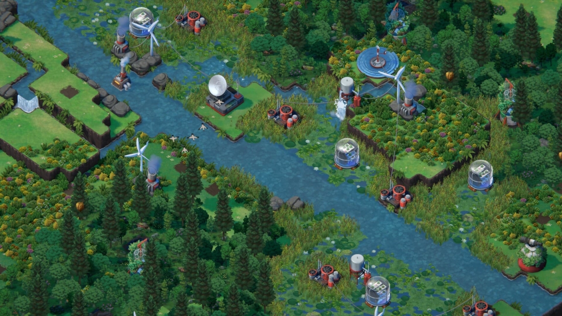 A landscape from the game Terra Nil showing a river flowing through a forested area with wind turbines, satellite dishes, and domed structures along the banks.