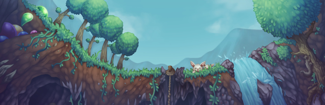 Landscape with trees on a grassy hill, a small white rabbit, and a waterfall in the background