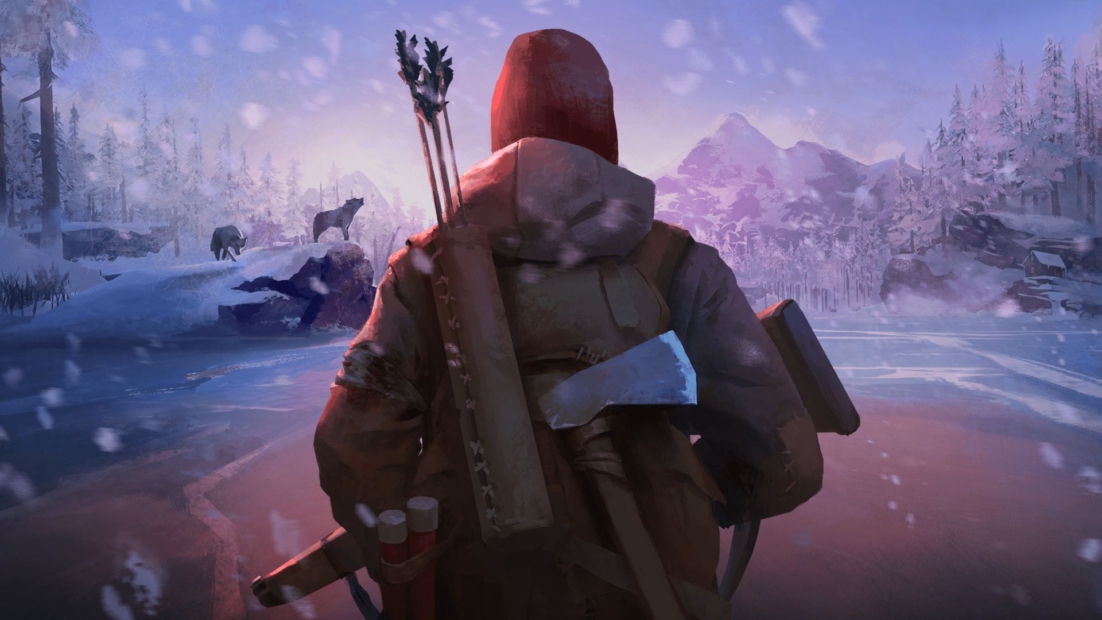 Rear view of a person wearing a red hood carrying an axe and a quiver with arrows standing in a snowy landscape with trees, mountains, and two wolves