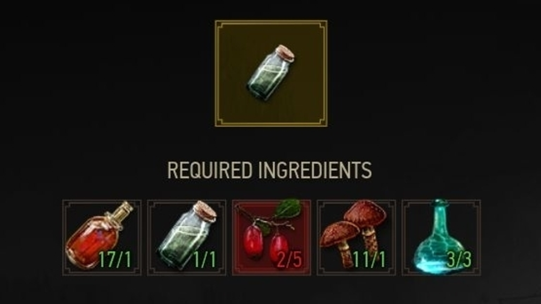 Five ingredient icons from The Witcher 3: bottle with red liquid, bottle with greenish liquid, two red berries, two brown mushrooms, bluish glass bottle.