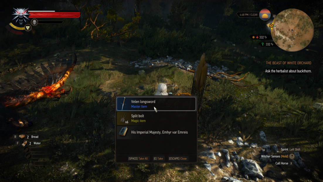 Game menu showing item selection including Velen longsword, split bolt, and a letter in a nighttime forest setting.