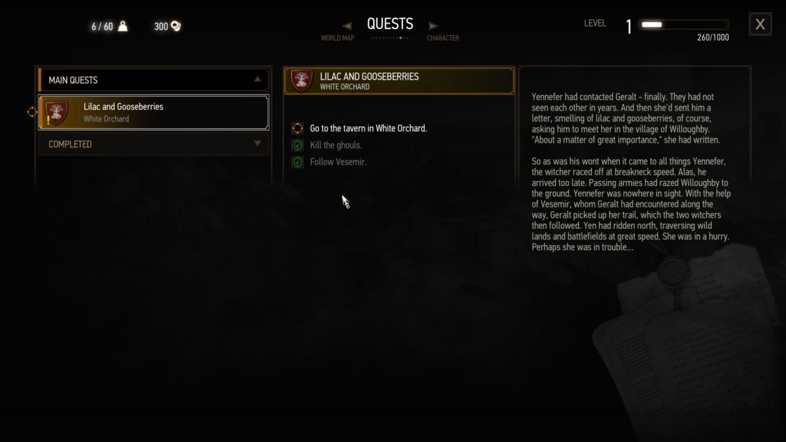 Screenshot of a quest menu from The Witcher 3: Wild Hunt showing the active quest 'Lilac and Gooseberries' with a detailed quest description.