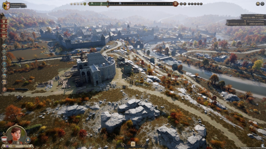 Europa 1410 Guide: Aerial view of a medieval castle complex with surrounding village and river in an autumn landscape.