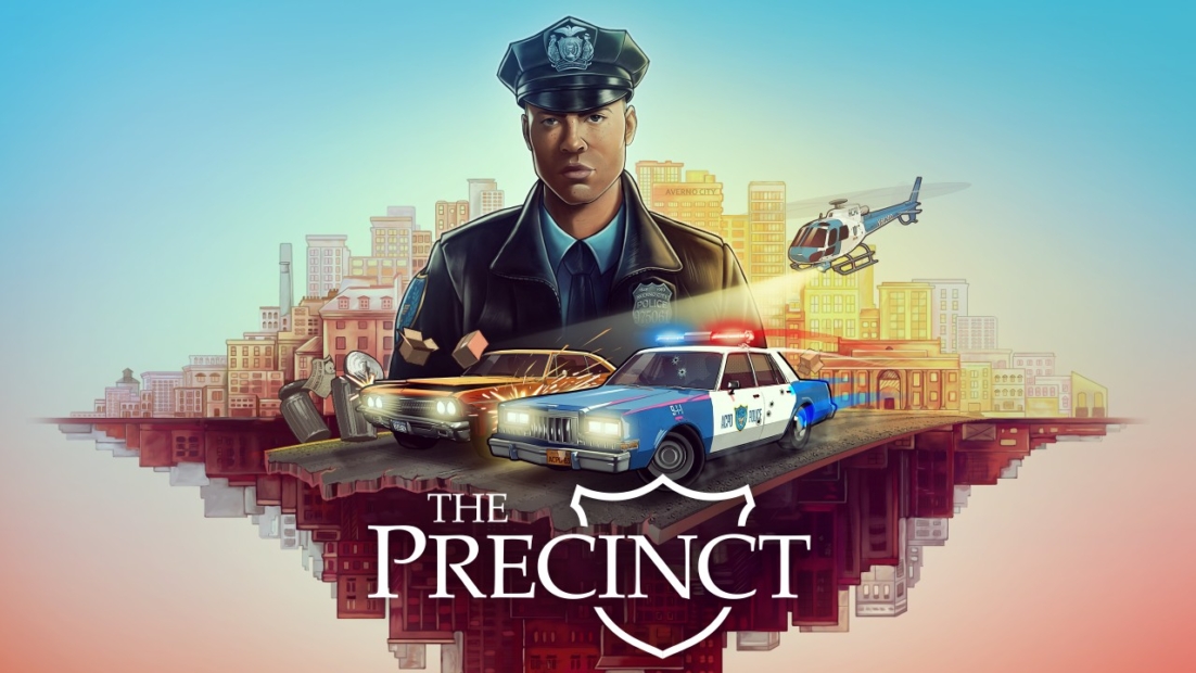 Illustration of a police officer in uniform with a police car and helicopter against a city skyline, titled 'The Precinct'
