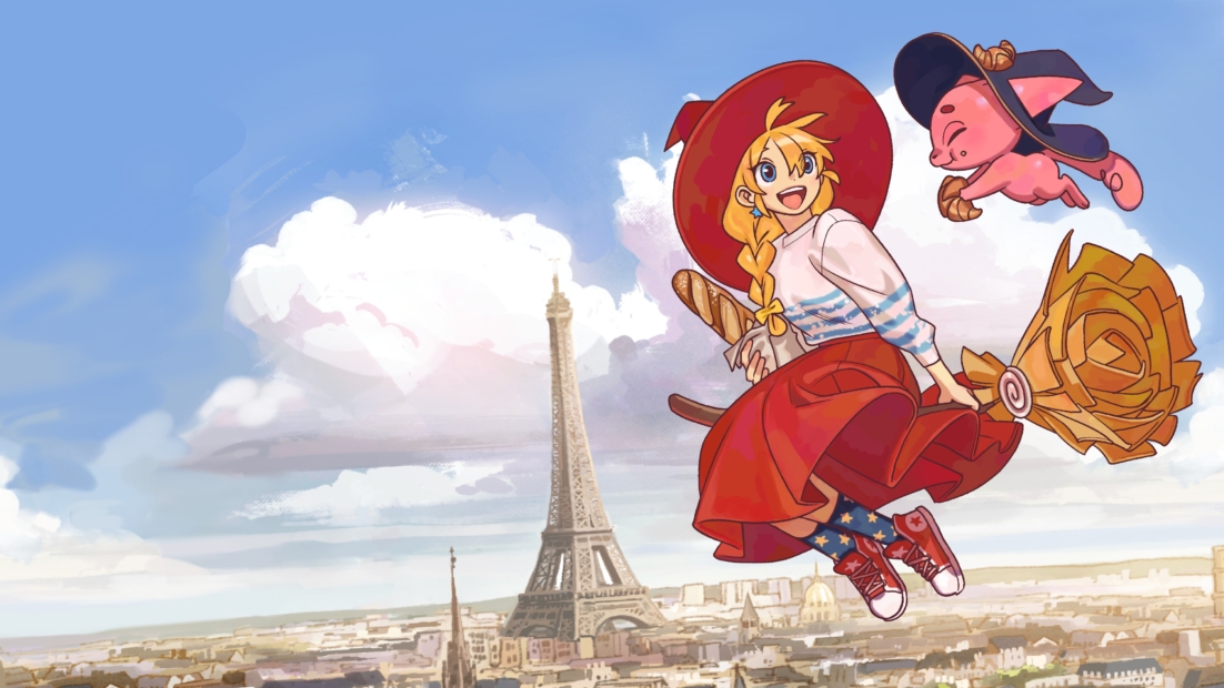 Young witch with braids, red hat, and skirt flying on a broomstick over a city with the Eiffel Tower in the background, accompanied by a small flying pink creature wearing a witch hat.