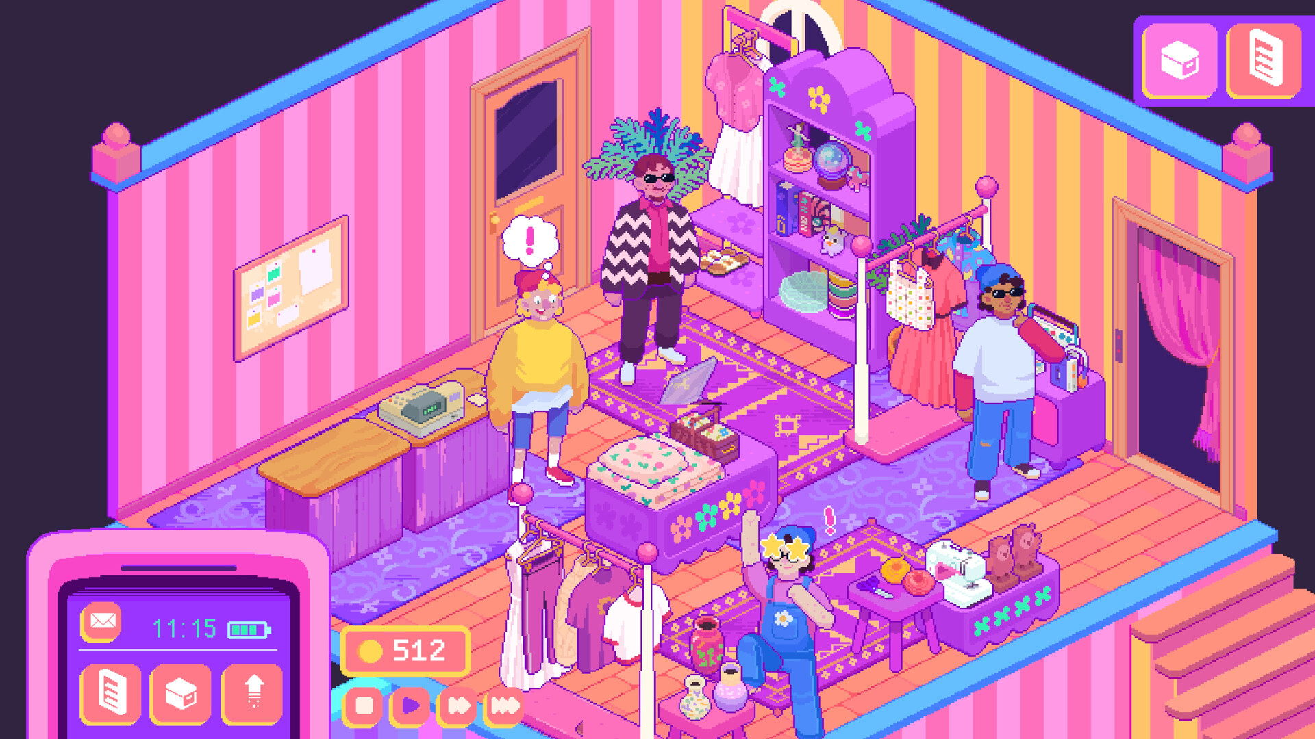 Interior of a small shop with shelves, clothing racks, a counter, and three people looking at clothes and accessories.