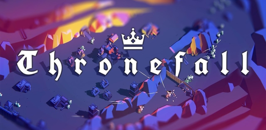 Vogelperspektive auf eine stilisierte Spielwelt mit kleinen Gebäuden, Figuren und einer Krone über dem Schriftzug »Thronefall«