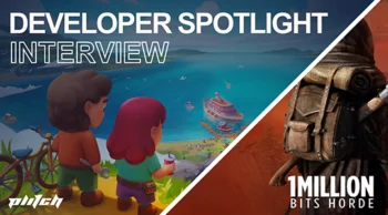 Two animated characters look out over a coastal scene with a cruise ship. To the right, a hooded figure with a backpack is visible. Text reads 'DEVELOPER SPOTLIGHT INTERVIEW' and '1 MILLION BITS HORDE'.