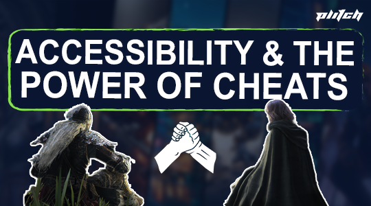 Text 'ACCESSIBILITY & THE POWER OF CHEATS' with two cloaked figures facing each other and a handshake icon between them