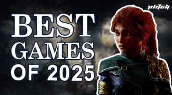 Text 'BEST GAMES OF 2025' on the left, figure with red hair and armor on the right, face blurred.