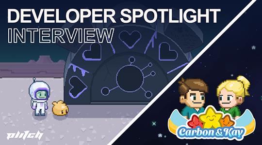 Split screen with pixel art characters: an astronaut and a small dog on the left, and two smiling characters with the 'Carbon & Kay' logo on the right, under the title 'Developer Spotlight Interview'.