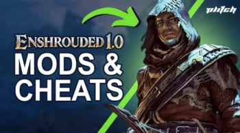 Ein Mann in einer Kapuzenjacke hält ein Schwert, daneben der Text 'ENSHROUDED 1.0 MODS & CHEATS' und ein grüner Pfeil