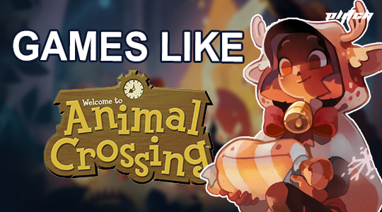 Text 'Games Like Animal Crossing' with Animal Crossing game logo and a cartoon character holding a sweet