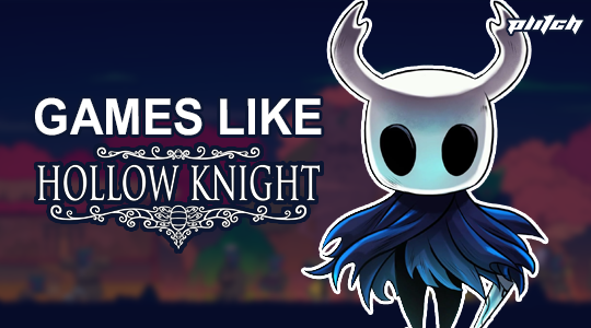 Character with large white head and black eyes wearing a blue cloak against a dark background with text 'GAMES LIKE HOLLOW KNIGHT'
