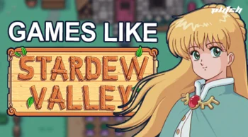 Text 'Games Like Stardew Valley' with a wooden sign background and an anime-style character with long blonde hair and green eyes on the right
