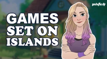 Illustration of a young woman with long blonde and purple hair standing in front of a blurred house with a green roof and white window frame, next to the text 'GAMES SET ON ISLANDS' in capital letters.