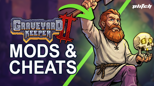 Zeichnung eines bärtigen Mannes mit erhobener Faust und Totenschädel mit Dollarzeichen neben dem Schriftzug 'GRAVEYARD KEEPER II MODS & CHEATS'