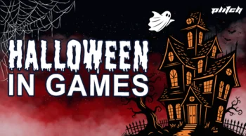 Verwunschenes, schiefes Haus mit Spinnennetz, Geist und Schriftzug 'HALLOWEEN IN GAMES' in weißer, gruseliger Schrift.