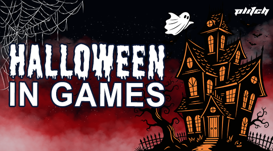 Verwunschenes, schiefes Haus mit Spinnennetz, Geist und Schriftzug 'HALLOWEEN IN GAMES' in weißer, gruseliger Schrift.