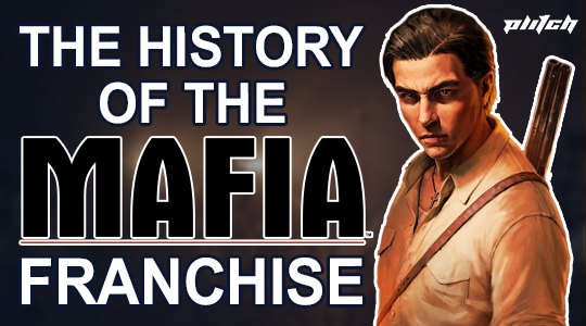 Text 'The History of the Mafia Franchise' with a man holding a gun wearing a beige shirt and suspenders