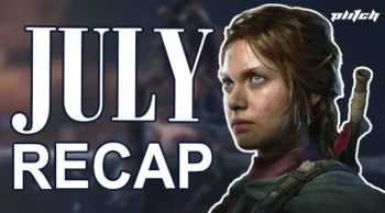 Text 'JULY RECAP' next to a person with braided hair wearing tactical gear and a sword on their back