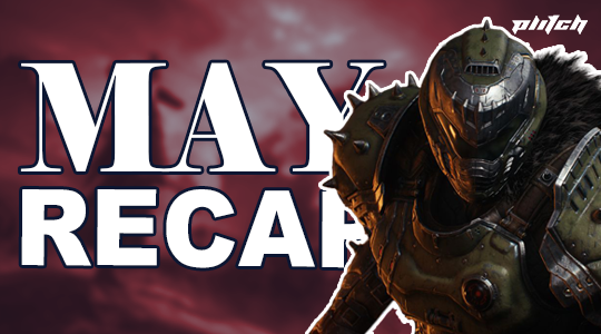 Armored character from DOOM with the text 'MAY RECAP' on a dark red background