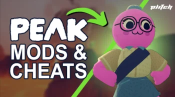 Eine pinkfarbene, rundköpfige Spielfigur mit Brille und blauer Schürze steht neben dem Text 'PEAK MODS & CHEATS' in weißer Schrift auf dunklem Hintergrund