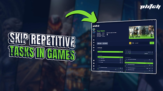 Screenshot of a software interface with the text 'SKIP REPETITIVE TASKS IN GAMES' and a green arrow pointing to the user interface.