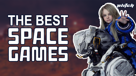 Young person in futuristic space suit with outstretched hand in front of text 'THE BEST SPACE GAMES' on blurred background