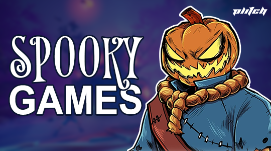A grinning pumpkin with a braided hair strand wears a blue coat. To the left, the text 'SPOOKY GAMES' is in ornate lettering, and to the right is the logo 'plitch'.