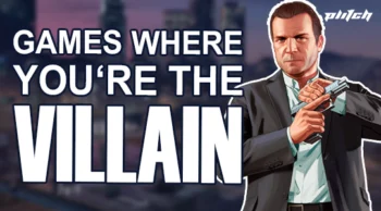 Man in suit holding a gun with text 'Games where you're the villain'